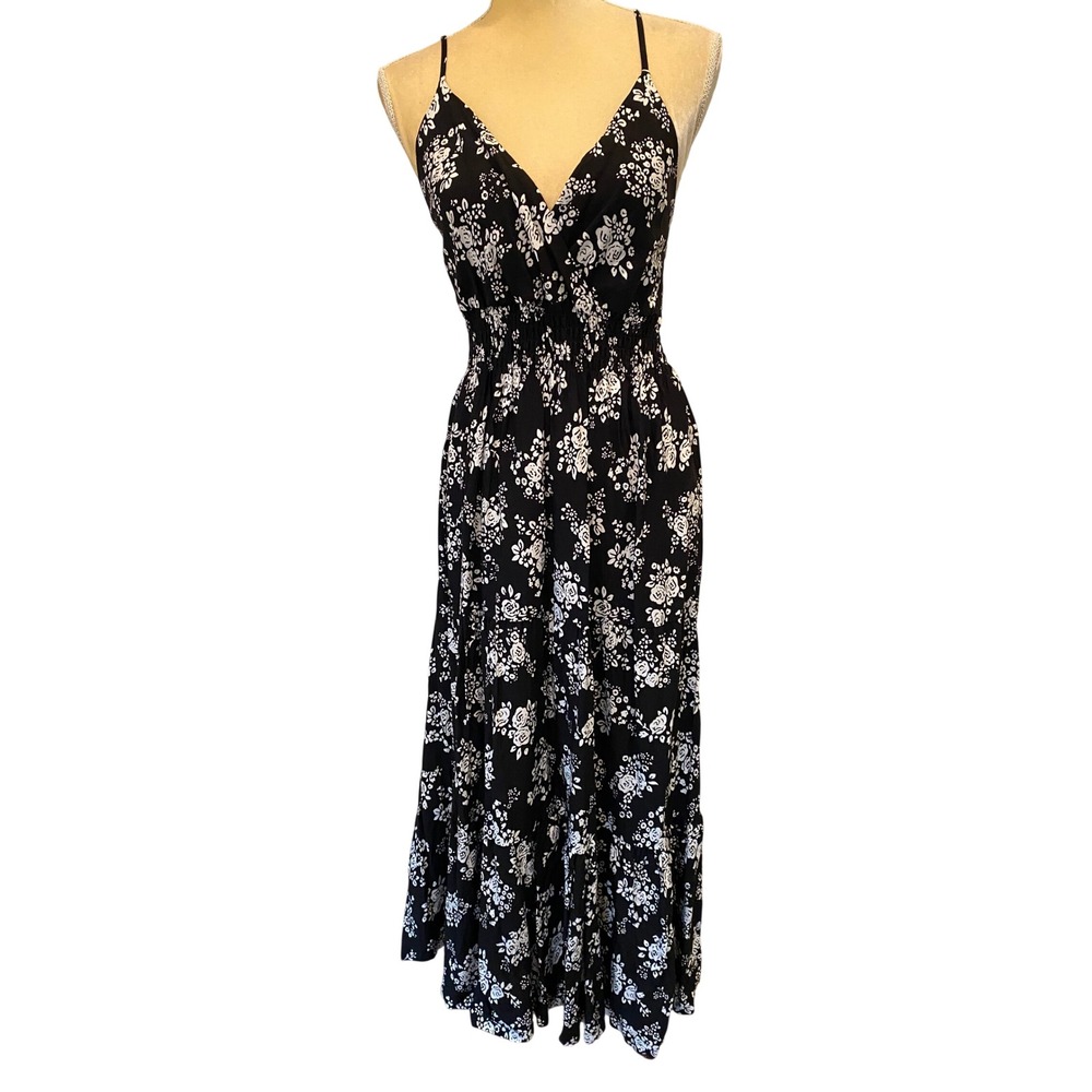 Floral V-Neck Maxi Dress Black White Tiered Smocked Waist Boho Sun Dress S/M